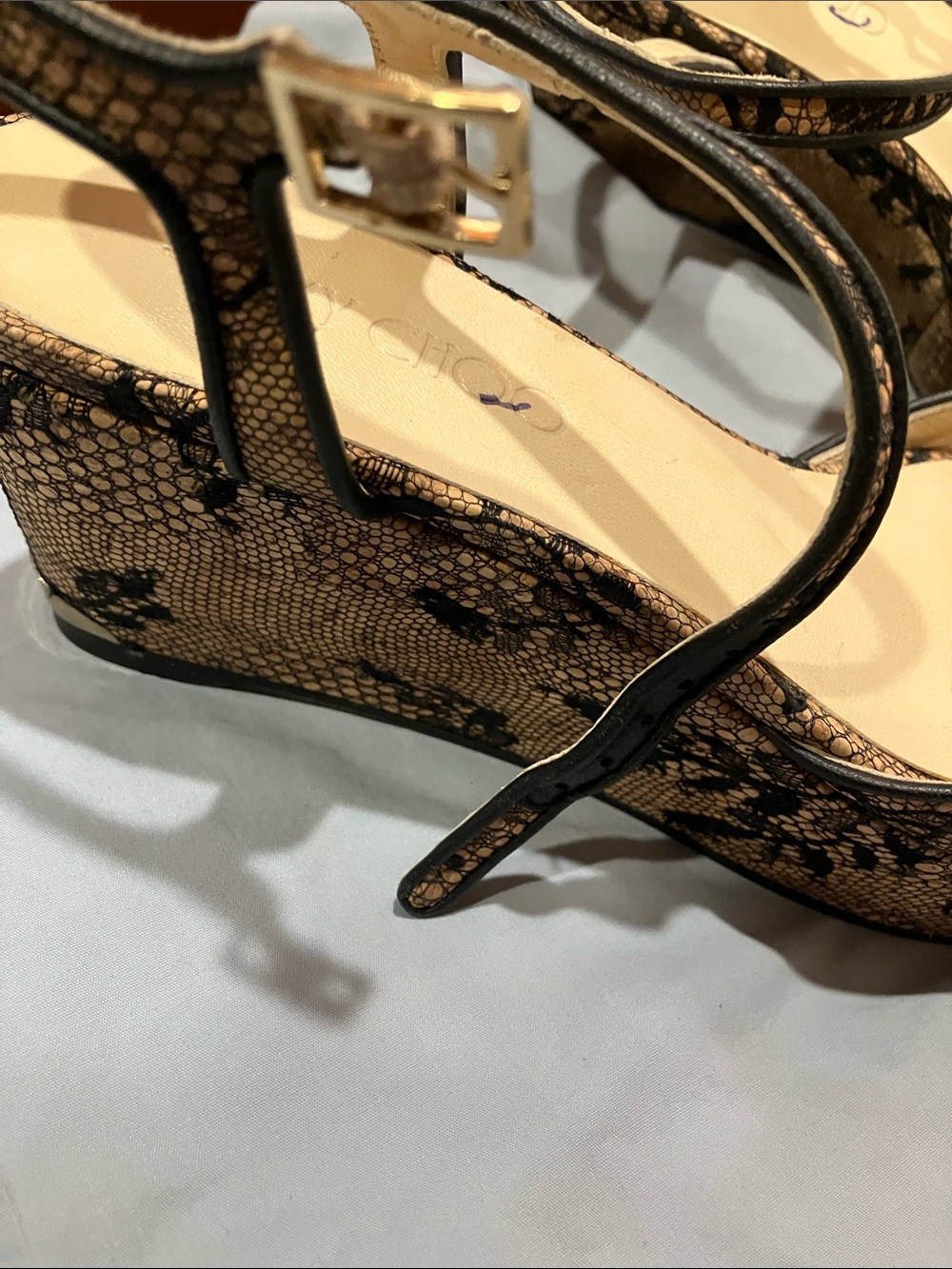 Jimmy Choo Black Lace-Overlay Tan Platform Sandals - Picture 11 of 12